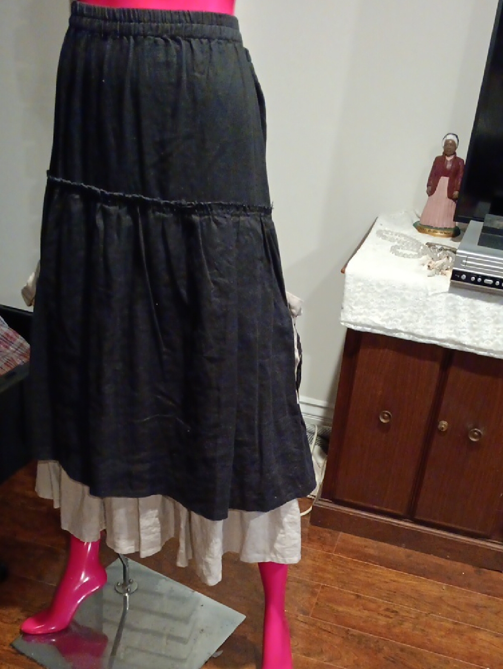 Black Tiered Linen Skirt with Cream Under Layer- Women's - Picture 2 of 7